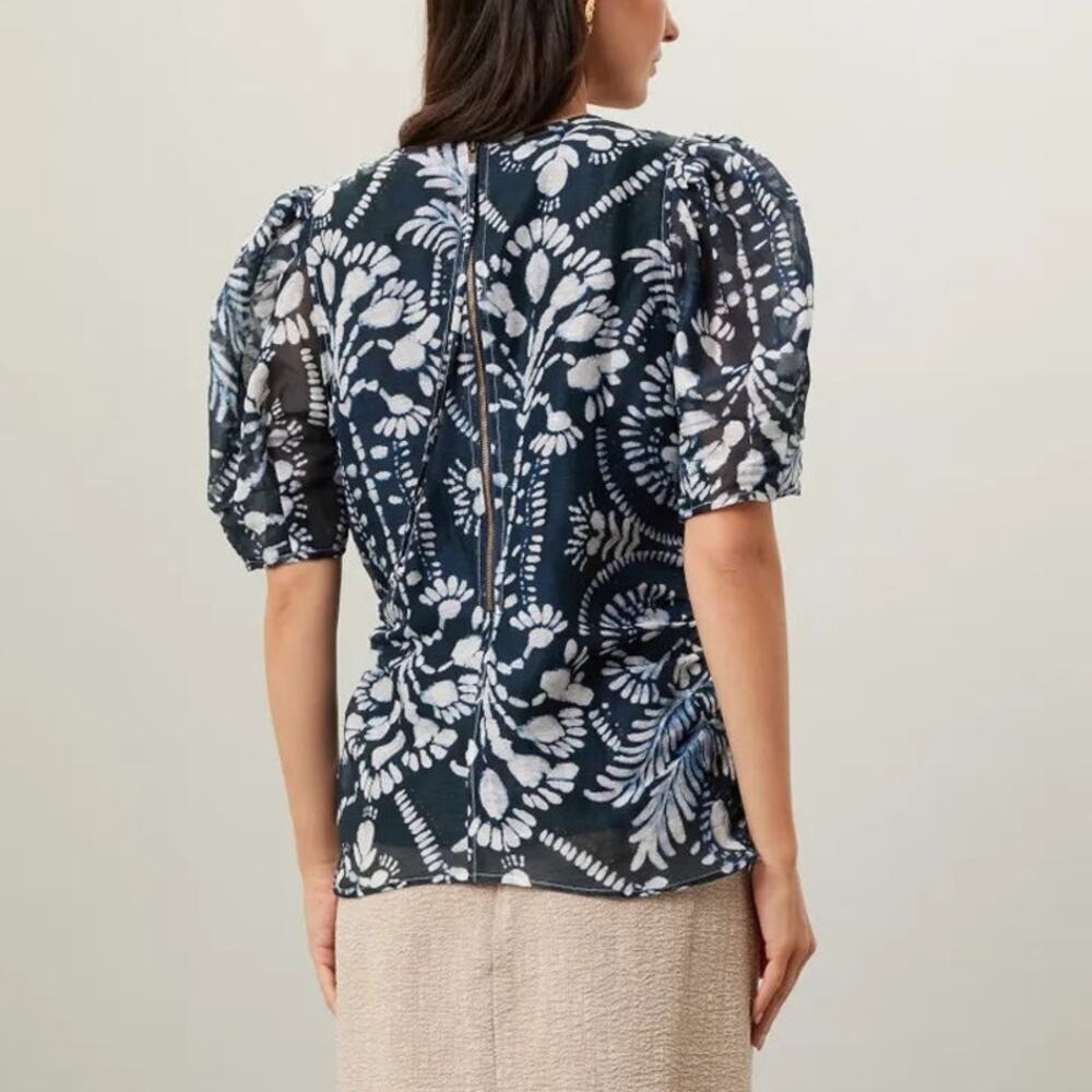 Marie Oliver Augustine Top Floral Linen Silk Blend Puff Sleeve Blouse Blue Small - Picture 3 of 8